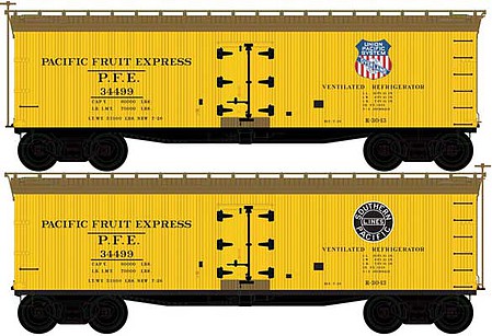 Atlas Model Railroad 50005503 N Scale 40' Wood Reefer - Ready to Run - Master(R) -- Pacific Fruit Express 34511 (yellow, Boxcar Red, SP, UP Overland Logos)