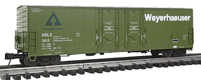Atlas O 3001316 O Scale Evans 53' Double-Door Boxcar - 3-Rail - Ready to Run - Master(R) -- Weyerhaeuser USLX (green, white, silver)