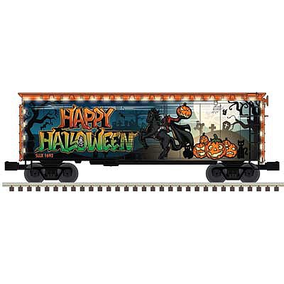Atlas O 3001847 O Scale 40' Plug-Door Boxcar with Light - 3-Rail - Ready to Run - Trainman(R) -- Happy Halloween SLLX 1692 (black, orange, Spooky Graphics)