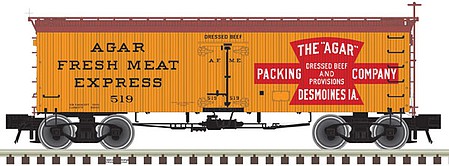 Atlas O 3002428 O Scale 36' Wood Reefer with Truss Rods - 2-Rail - Ready to Run - Master(R) -- Agar Packing Co. (orange, Boxcar Red, red)