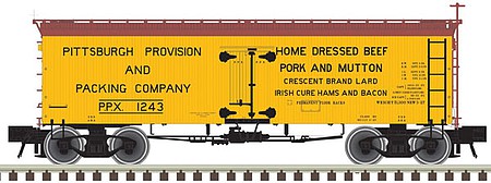 Atlas O 3002433 O Scale 36' Wood Reefer with Truss Rods - 2-Rail - Ready to Run - Master(R) -- Pittsburgh Provision and Packing Co. (yellow, Boxcar Red)