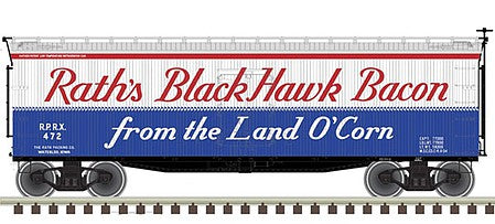 Atlas O 3002561 O Scale 40' Wood Reefer - 2-Rail - Ready to Run - Master(R) -- Rath's Black Hawk Bacon (white, blue, red)