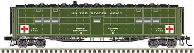 Atlas O 3007706 O Scale Troop Hospital Car - 3-Rail - Ready to Run -- US Army (Pullman Green, white, Red Cross Logos)
