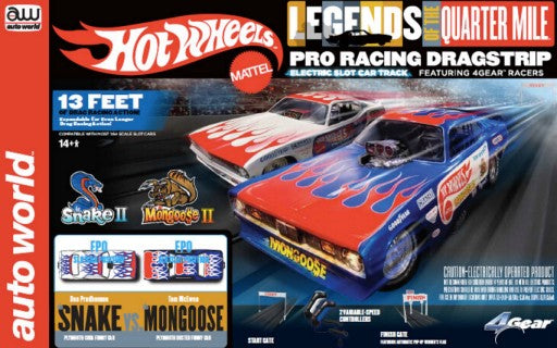 Auto World 33403 HO Snake vs Mongoose (Red Flames on Cars) Legends of the Quarter Mile Pro Drag Strip Slot Car 13' Racing Set (D)