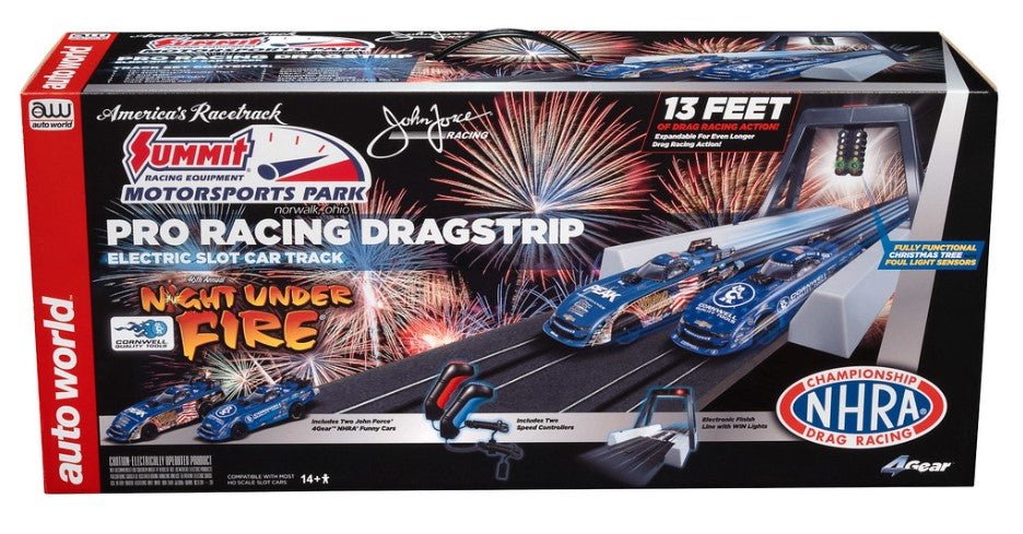 Auto World 35403 HO Summit Motorsports Park Night Under Fire Drag Slot Car 13' Racing Set