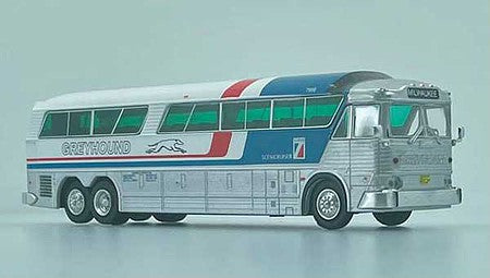 Iconic Replicas 870322 HO Scale 1970 MCI MC-7 Bus - Assembled - Walthers Exclusive -- Greyhound (silver, blue, white, red; Destination: Milwaukee)