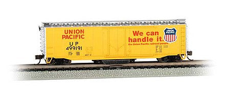 Bachmann 16366 N Scale Track Cleaning 50' Plug-Door Boxcar - Ready to Run -- Union Pacific #499191 (Armour Yellow, red, silver; "We Can Handle It" Slogan)