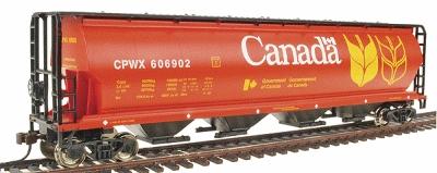 Bachmann 19131 HO Scale Canadian Cylindrical 4-Bay Grain Hopper - Ready to Run - Silver Series(R) -- Government of Canada #1 CPWX (red, black, yellow)