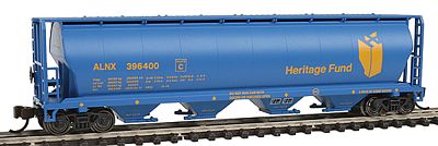 Bachmann 19189 N Scale Canadian Cylindrical 4-Bay Grain Hopper - Ready to Run - Silver Series(R) -- Alberta Heritage Fund ALNX (blue, yellow)