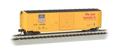 Bachmann 19455 N Scale 50' Sliding-Door Boxcar No Roofwalk - Ready to Run -- Union Pacific #1148 (Armour Yellow, black; "We Can Handle It" Slogan)