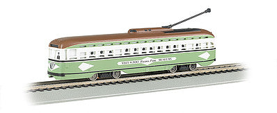 Bachmann 60501 HO Scale PCC Streetcar w/DCC, Sound & Sparking Trolley Pole -- San Diego (light green, white)