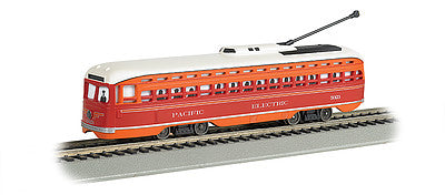 Bachmann 60502 HO Scale PCC Streetcar w/DCC, Sound & Sparking Trolley Pole -- Pacific Electric (red, orange)