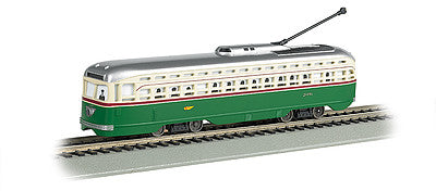 Bachmann 60503 HO Scale PCC Streetcar w/DCC, Sound & Sparking Trolley Pole -- Philadelphia Transit Co. (green, cream)