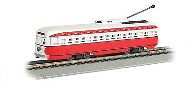 Bachmann 60505 HO Scale PCC Streetcar w/DCC, Sound & Sparking Trolley Pole -- Pittsburgh/Allegheny Transit (red, white)