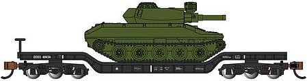 Bachmann 71386 N Scale 52' Deressed-Center Flatcar with Sheridan Tank - Ready to Run -- United States Army (Black Flatcar, Green Tank)