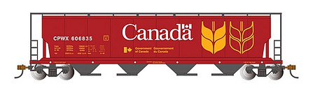 Bachmann 73801 HO Scale Canadian Cylindrical 4-Bay Grain Hopper with FRED - Ready to Run -- Government of Canada CPWX #606835 (red, yellow, black)