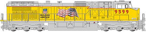 Bachmann 90904 G Scale GE Dash 9-44CW - Standard DC -- Union Pacific 9599 (Armour Yellow, gray, Building America and Flag Logos)