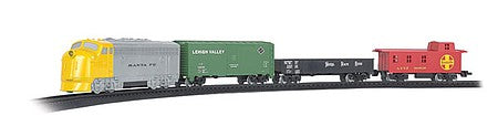 Bachmann 958 HO Scale Rail Express Battery-Powered Train Set -- Santa Fe F7 (gray, yellow) & 3 Cars; 64 x 46" Track Oval