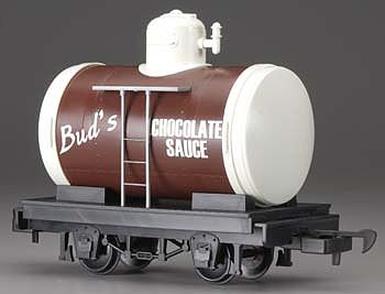 Bachmann 98088 G Scale Tank Car - Ready to Run - Li'l Big Haulers -- Bud's Chocolate Sauce (brown, white)