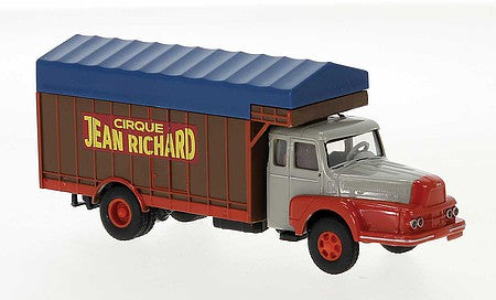 Brekina 85510 HO Scale Unic ZU 122 Truck wwith Cage Body and Tarp Cover - Assembled -- Circus Richard (1957, gray, red, brown, yellow)