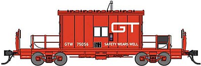 Bluford Shops 24410 N Scale Steel Transfer Caboose w/Short Roof - Ready to Run -- Grand Trunk Western 75056 (red, Safety Wears Well Slogan)
