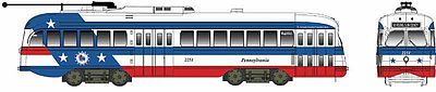 Bowser 12930 HO Scale Kansas City-Style Post-War PCC Streetcar w/LokSound & DCC - Executive Line -- Bicentennial Scheme - Pennsylvania #2288 (white, blue, red, 50 Rising Sun-Ol