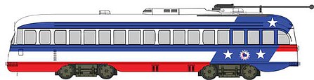 Bowser 13030 HO Scale Kansas City-Style Post-War PCC Streetcar - Standard DC - Executive Line -- Bicentennial Scheme - No Number or State (white, blue, red)