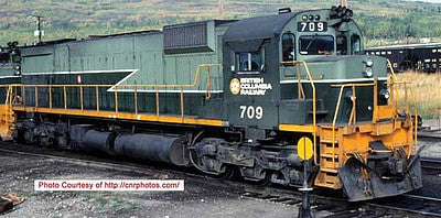 Bowser 24856 HO Scale Montreal Locomotive Works M630 - LokSound & DCC - Executive Line -- British Columbia Railway 709 (2-Tone Green, yellow, Lightning Strip, Nose Di