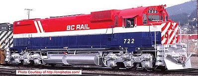Bowser 24869 HO Scale Montreal Locomotive Works M630 - Standard DC - Executive Line -- BC Rail 722 (Hockey Stick, red, white, blue, Recessed Ditch Lights)