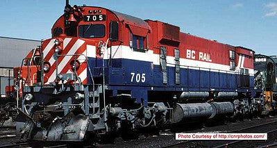 Bowser 24870 HO Scale Montreal Locomotive Works M630 - LokSound & DCC - Executive Line -- BC Rail 705 (Hockey Stick, red, white, blue, Recessed Ditch Lights, Ext Filt