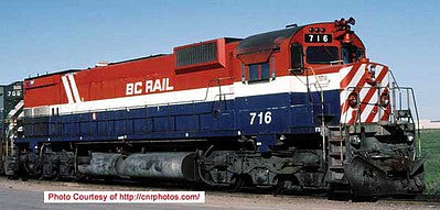 Bowser 24871 HO Scale Montreal Locomotive Works M630 - LokSound & DCC - Executive Line -- BC Rail 716 (Hockey Stick, red, white, blue, Recessed Ditch Lights)
