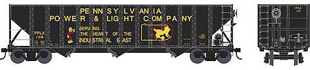 Bowser 42394 HO Scale 100-Ton 3-Bay Open Hopper - Ready to Run - Executive Line -- Pennsylvania Power & Light 147 (black, yellow, red, Reddy Kilowatt Logo)