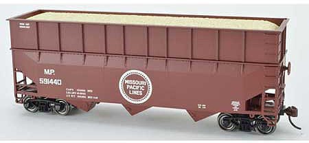 Bowser 42606 HO Scale 70-Ton Ribbed-Side Wood Chip Hopper with Ribbed Side Extensions - Ready to Run -- Missouri Pacific 591450 (Built 3-53, Boxcar Red, Large Buzz Saw Logo)