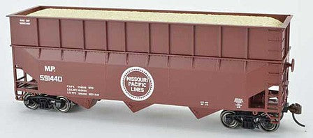 Bowser 42607 HO Scale 70-Ton Ribbed-Side Wood Chip Hopper with Ribbed Side Extensions - Ready to Run -- Missouri Pacific 591505 (Built 3-53, Boxcar Red, Large Buzz Saw Logo)