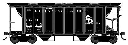 Bowser 42747 HO Scale 70-Ton 2-Bay Covered Hopper with Closed Sides - Ready to Run -- Chesapeake & Ohio 1143 (black, Progress Logo, Built 2-49 Repack 2-49)