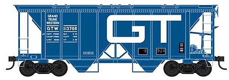 Bowser 42754 HO Scale 70-Ton 2-Bay Covered Hopper with Open Sides - Ready to Run -- Grand Trunk Western 113739 (blue, white, Built 6-53 Repack 2-80)