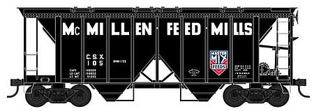 Bowser 42759 HO Scale 70-Ton 2-Bay Covered Hopper with Open Sides - Ready to Run -- McMillen Feed Mills 101 (black, white, red, Built 8-51 Repack 2-57)