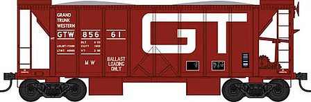 Bowser 42809 HO Scale 70-Ton 2-Bay Ballast Hopper with Side Chutes (Ballast Gates) - Ready to Run -- Grand Trunk Western 85679 (Built 6-53, Boxcar Red, Large GT Logo)