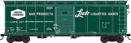 Bowser 42855 HO Scale 40' Single-Door Steel Boxcar - Ready to Run -- Linde Liquefied Gases 127 (green, white)