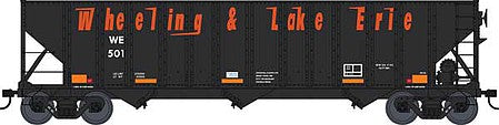 Bowser 42902 HO Scale 100-Ton 3-Bay Open Hopper - Ready to Run -- Wheeling & Lake Erie 526 (black, orange, yellow)