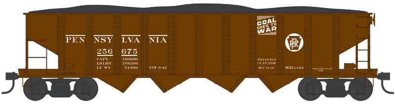 Bowser 43033 HO Scale Class H21a 4-Bay Hopper - Ready to Run -- Pennsylvania Railroad 256734 (H21a, Blt. 12-17, Tuscan, Coal Goes to War)