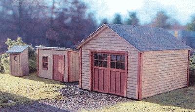 Branchline Trains 635 HO Scale Garden Shed, 1-Stall Garage & Outhouse - Laser-Art -- Kit