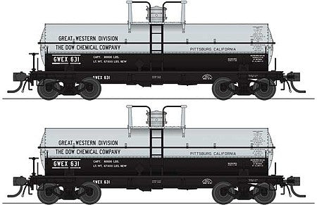 Broadway Limited 6461 HO Scale 6000-Gallon Tank Car 2-Pack - Ready to Run -- Dow Chemical 631, 632 (aluminum, black)