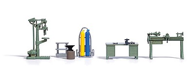 Busch 1185 HO Scale Workshop Interior Equipment Set - Kit -- Drill Press, Workbench, Lathe, Welding Apparatus