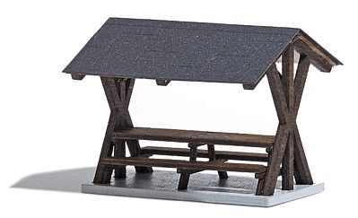 Busch 1563 HO Scale Table & Benches w/Canopy -- Laser-Cut Wood Kit - 1-1/2 x 1-5/16 x 1-3/16" 3.8 x 3.3 x 3cm