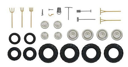 Busch 49953 HO Scale Farm Vehicle Accessory & Miniature Tool Set -- 8 Tractor Tires & Wheel Hubs (Various Sizes), Hand Tools & Bucket