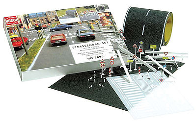 Busch 7097 N Scale Road/Pavement Construction Set -- 78" 200cm of Roadway, Pavement Sheet, 50 Pieces of Signs & Details