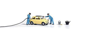 Busch 7820 HO Scale Complete Miniature Scene -- Fill 'Er Up Gas Station Scene, Fiat 500, 2 Station Attendants, Accessories