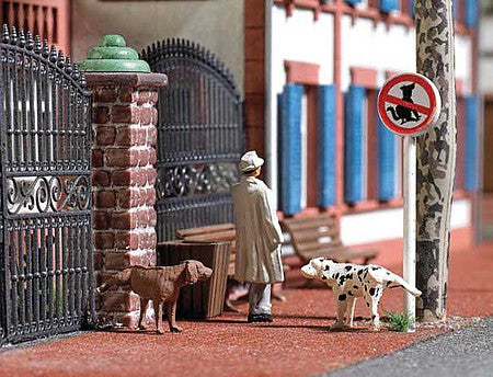 Busch 7895 HO Scale Peeing Dogs - Action Set -- 2 Each: Dogs, Park Benches, Garbage Cans, No Dogs Signs