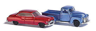 Busch 8349 N Scale 1950s Chevy Pickup & Buick 2-Door Set - Assembled -- Metallic Blue truck, Metallic Red car